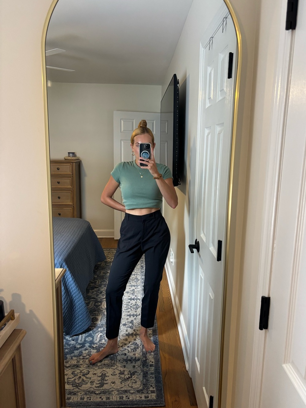 H&M black high waisted straight leg slack trousers size 10 with elastic waist
